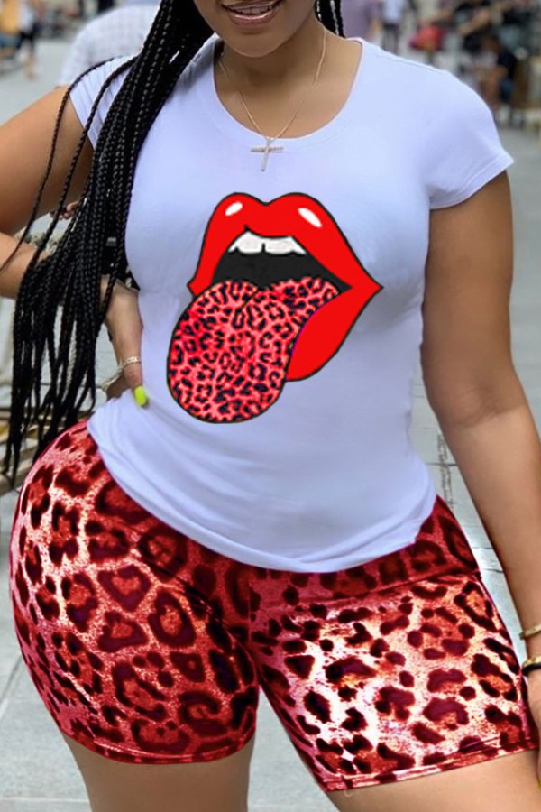 

lovely Leisure Lip Print Red Plus Size Two-piece Shorts Set