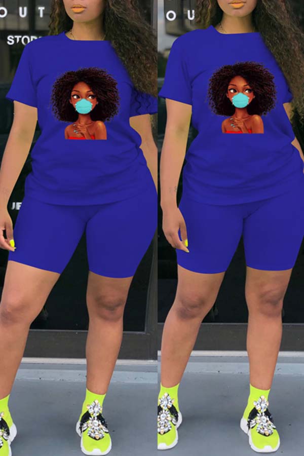 

Lovely Leisure Print Blue Plus Size Two-piece Shorts Set