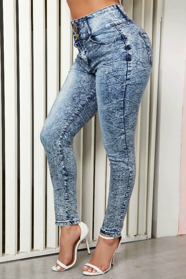 

lovely Trendy Buttons Design Skinny Blue Jeans