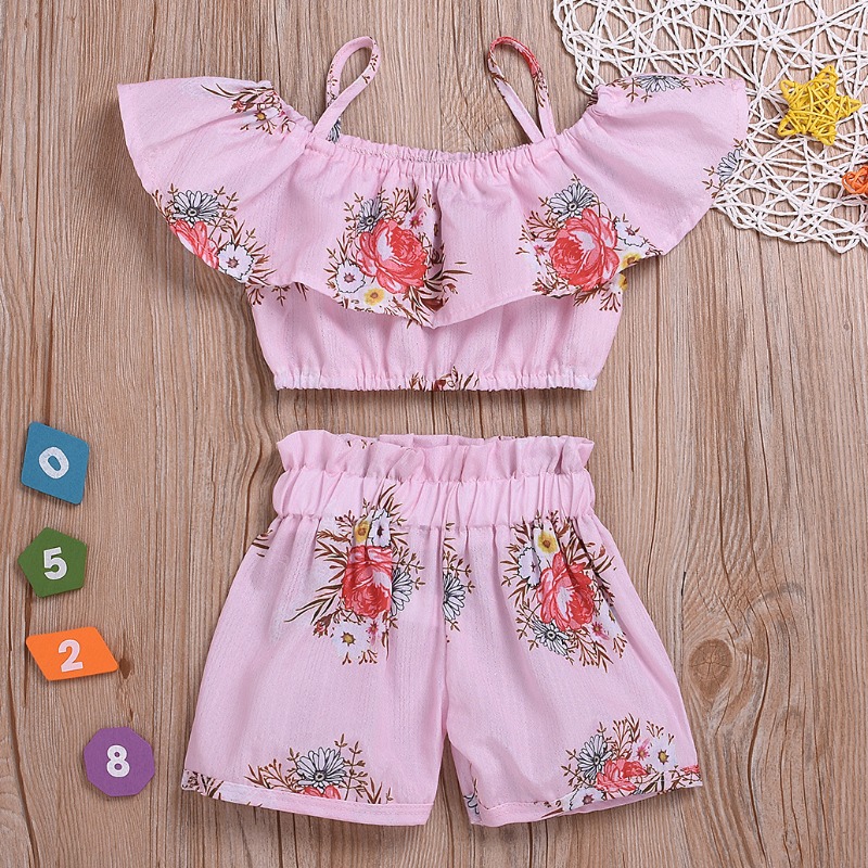 

lovely Stylish Floral Print Pink Girl Two-piece Shorts Set