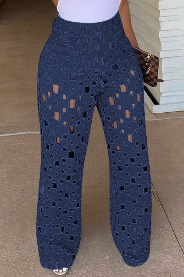 

Lovely Trendy Hollow-out Deep Blue Jeans