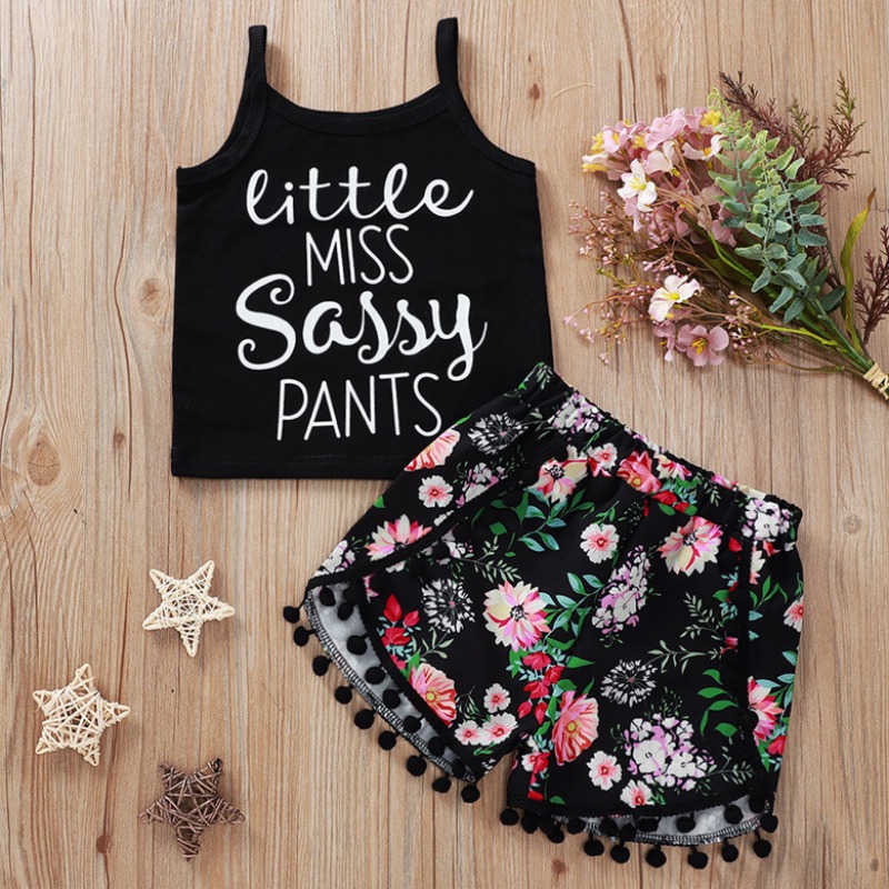 

lovely Sweet Letter Print Black Girl Two-piece Shorts Set