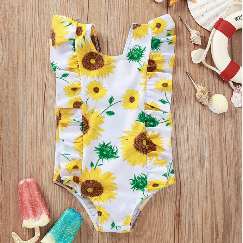 

lovely Sunflower Print White Girl One-piece Swimsuit