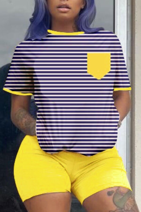 

Lovely Casual Striped Yellow Two-piece Shorts Set