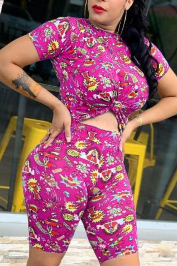 

lovely Sportswear Cartoon Print Rose Red Two-piece Shorts Set