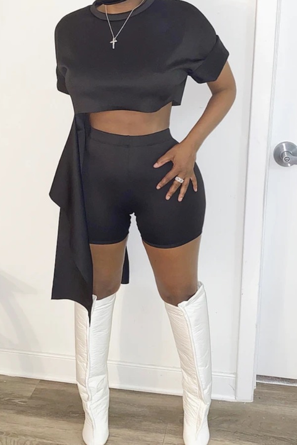 

lovely Stylish Asymmetrical Black Two-piece Shorts Set