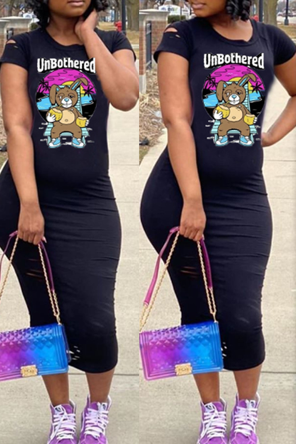 

lovely Stylish Cartoon Print Black Mid Calf Dress