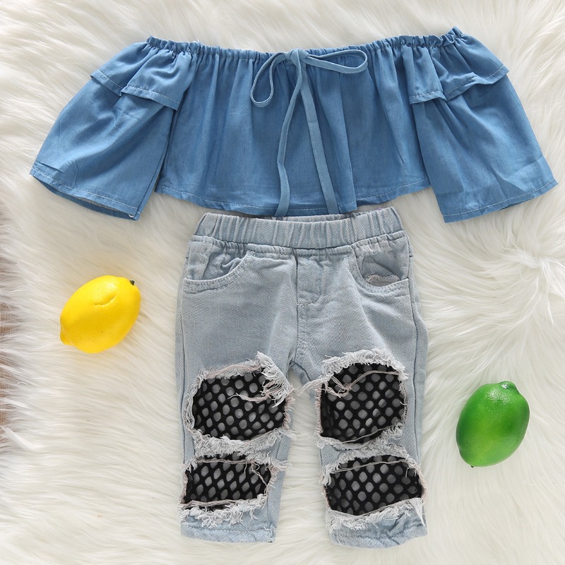 

lovely Trendy Patchwork Baby Blue Girl Two-piece Pants Set