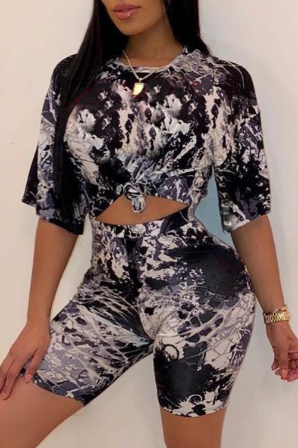 

lovely Leisure O Neck Print Black Plus Size Two-piece Shorts Set