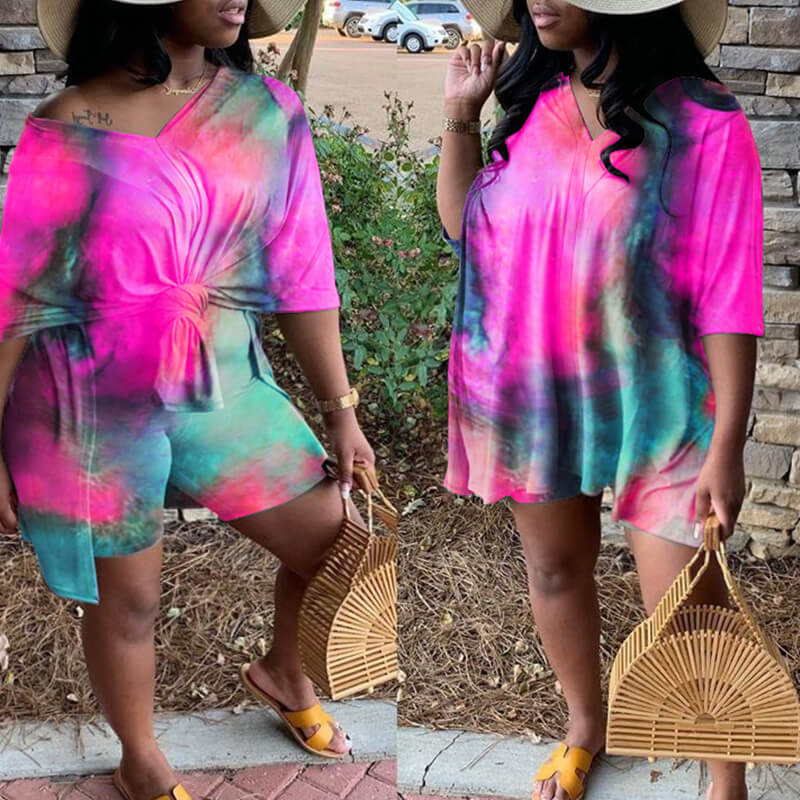 

Lovely Leisure Tie-dye Rose Red Plus Size Two-piece Shorts Set