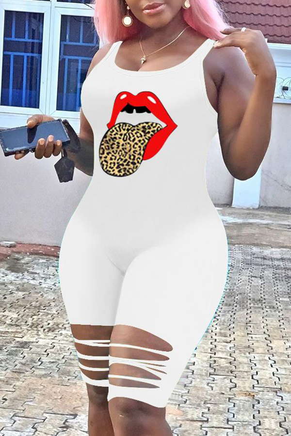 

Lovely Stylish Lip Print White Plus Size One-piece Romper