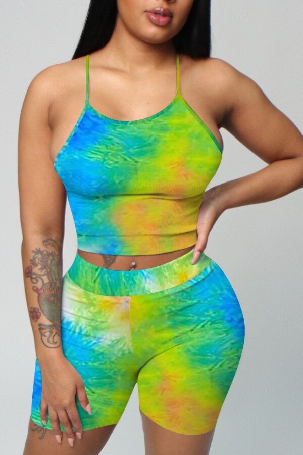 

Lovely Stylish Tie-dye Green Two-piece Shorts Set