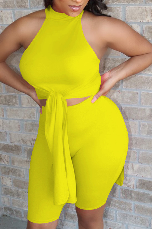 

lovely Stylish Lace-up Yellow Two-piece Shorts Set