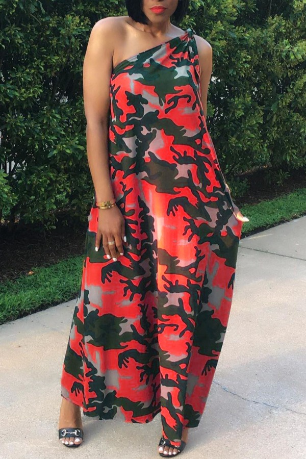 

lovely Leisure One Shoulder Print Red Ankle Length Dress
