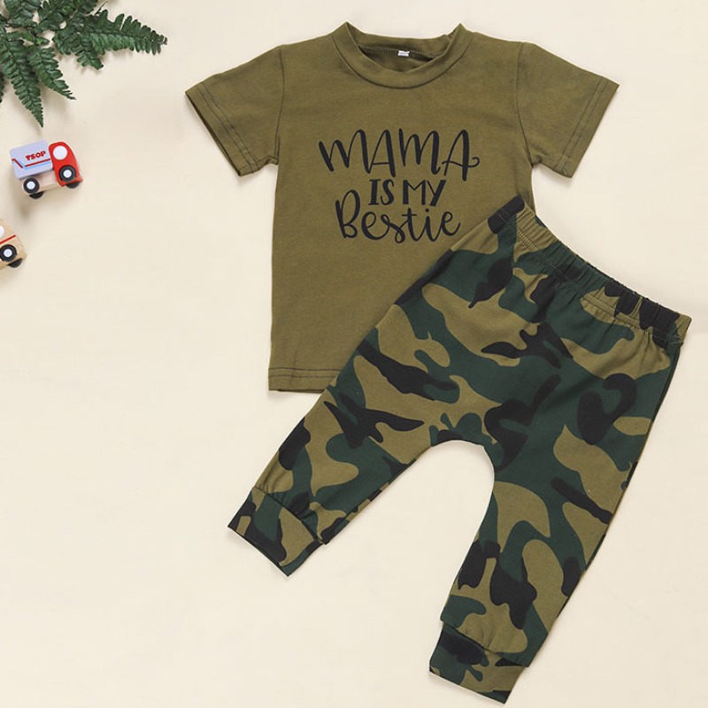 

lovely Casual O Neck Print Army Green Boy Two-piece Pants Set