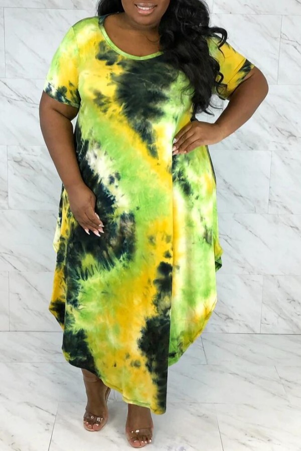 

lovely Casual Tie-dye Asymmetrical Yellow Ankle Length Plus Size Dress