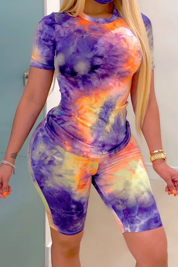

Lovely Plus Size Casual Tie-dye Purple Two-piece Shorts Set