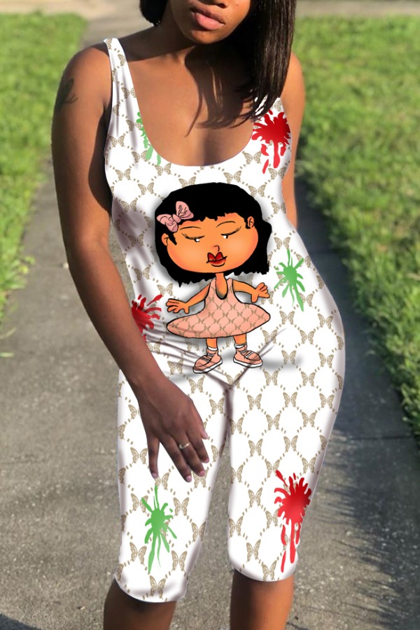 

lovely Trendy Cartoon Print White One-piece Jumpsuit