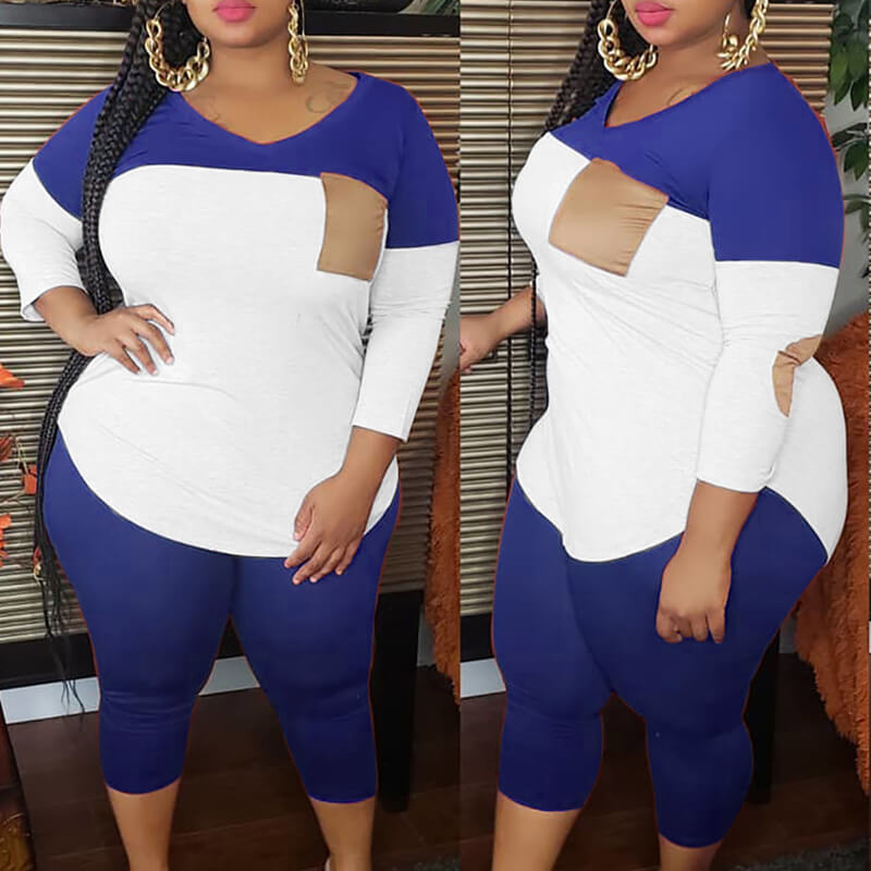

Lovely Casual Patchwork Blue Plus Size Two-piece Pants Set