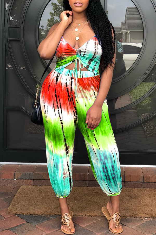 

Lovely Bohemian Tie-dye Green Plus Size One-piece Jumpsuit