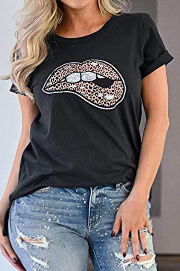 

Lovely Casual O Neck Lip Print Black Plus Size T-shirt