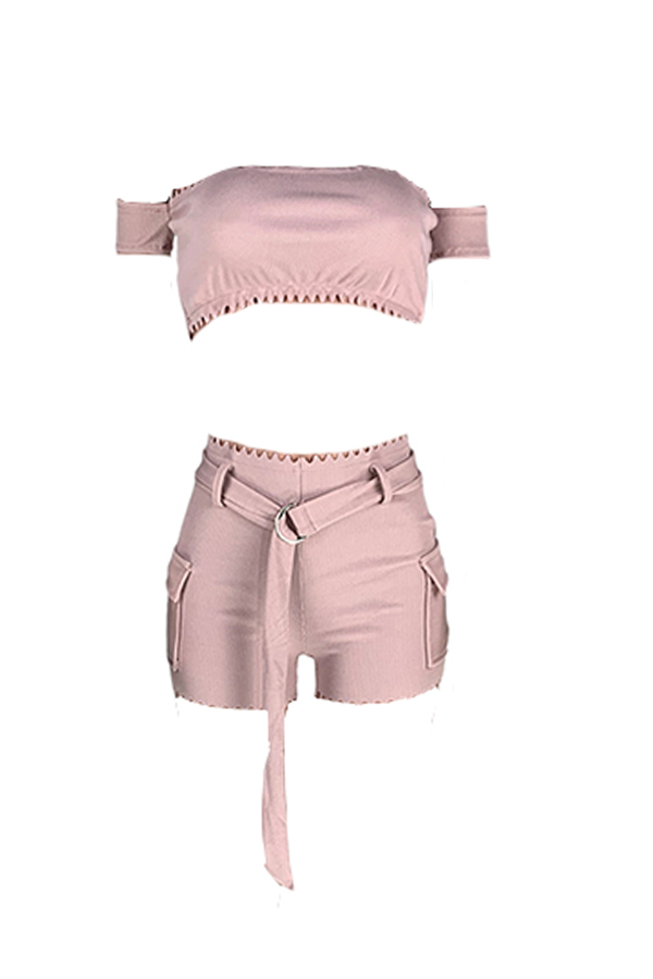 

Lovely Casual Off The Shoulder White Two-piece Shorts Set, Light pink