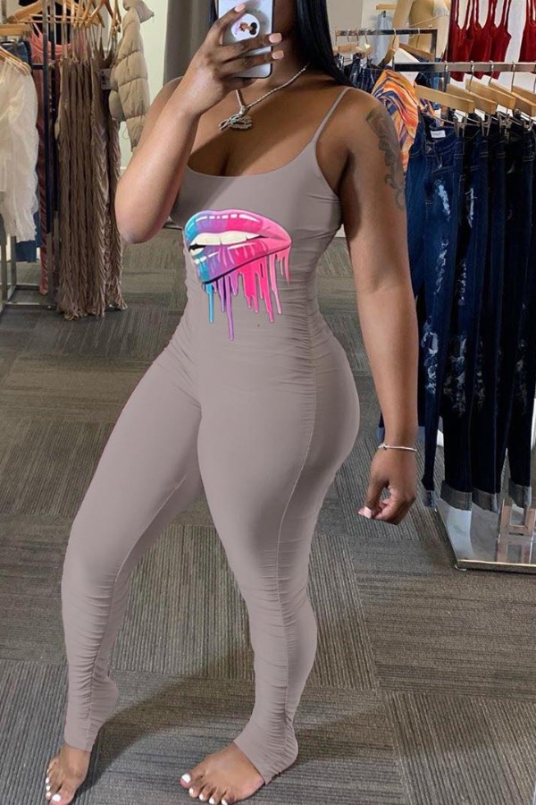

lovely Casual Lip Print Grey One-piece Jumpsuit