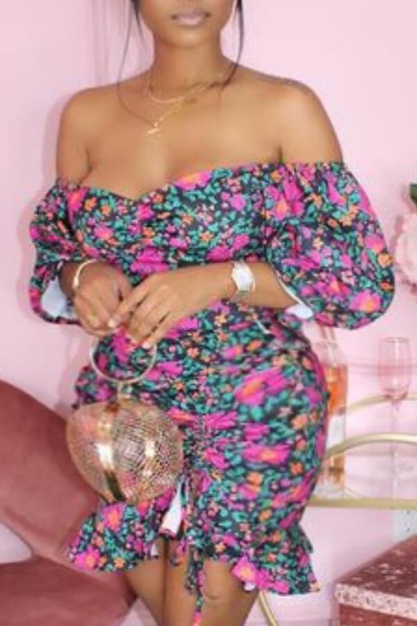 

LW SXY Plus Size Floral Print Flounce Design Dress, Purple