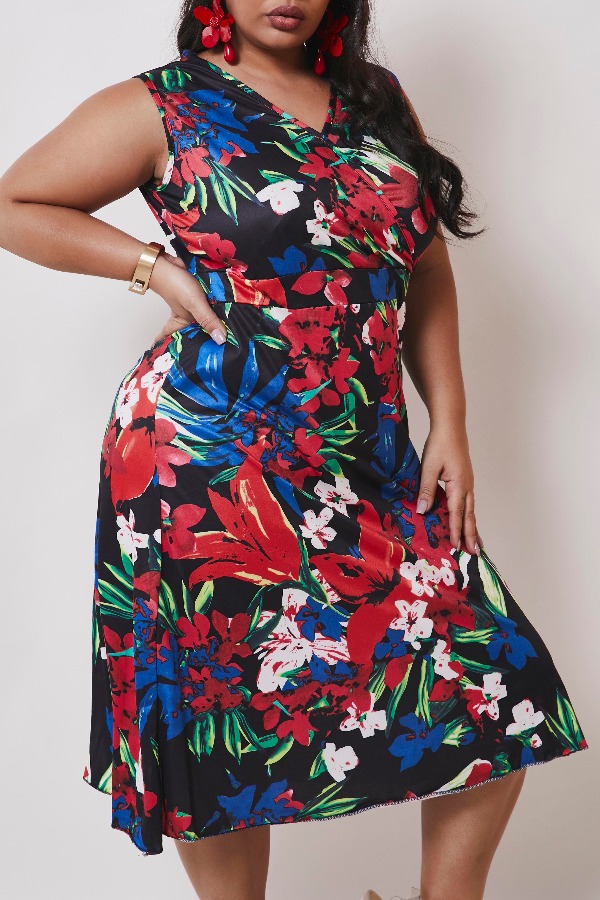 

lovely Casual Plants Print Red Knee Length Plus Size Dress