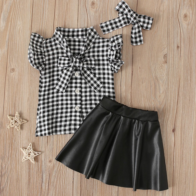 

lovely Stylish Grid Print Black Girl Two-piece Skirt Set