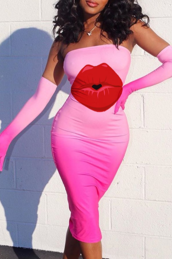 

lovely Trendy Lip Print Pink Mid Calf Dress(Without Gloves