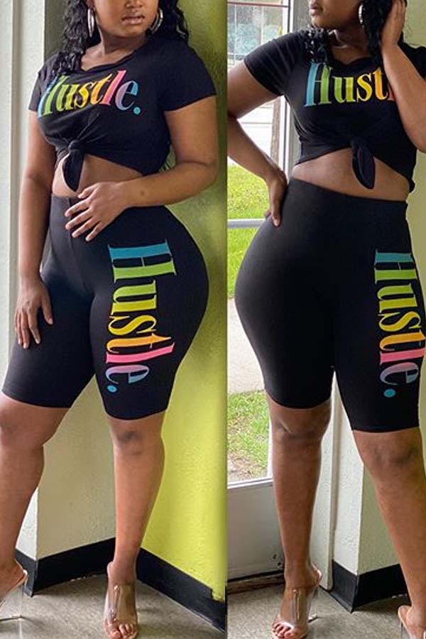 

lovely Leisure Letter Print Black Two-piece Shorts Set
