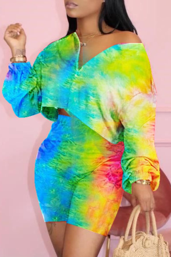 

lovely Casual Gradual Change Green Plus Size Two-piece Shorts Set