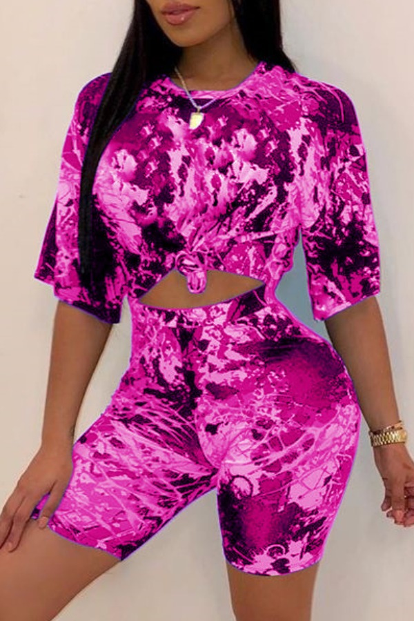 

lovely Leisure O Neck Print Rose Red Plus Size Two-piece Shorts Set