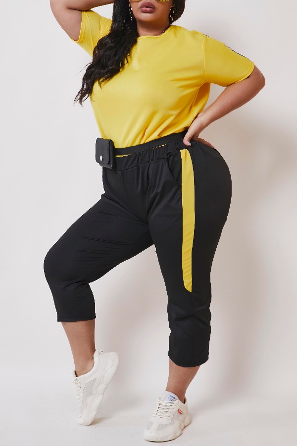 

lovely Casual Patchwork Yellow Plus Size Two-piece Pants Set