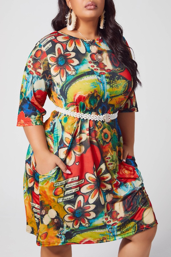 

lovely Leisure O Neck Print Multicolor Knee Length Plus Size Dress, Multi
