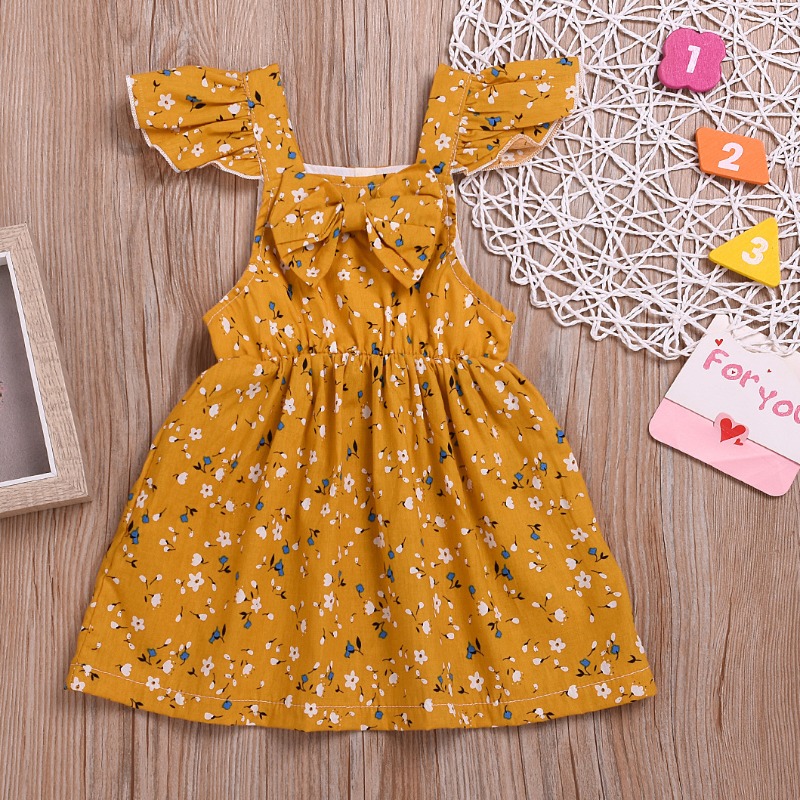 

lovely Casual Floral Print Yellow Girl Knee Length Dress