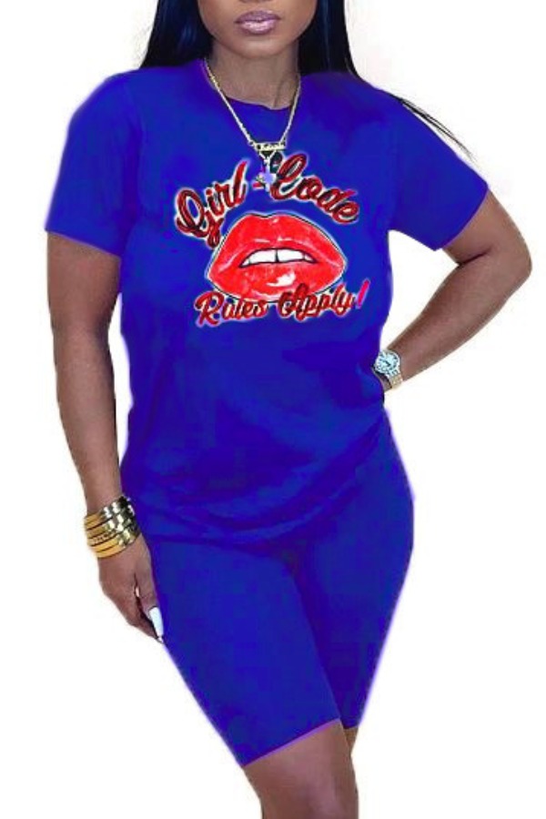 

lovely Casual Lip Print Blue Plus Size Two-piece Shorts Set