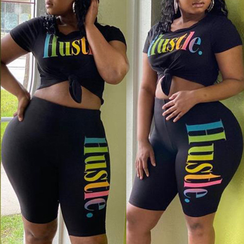 

lovely Leisure Letter Print Black Plus Size Two-piece Shorts Set