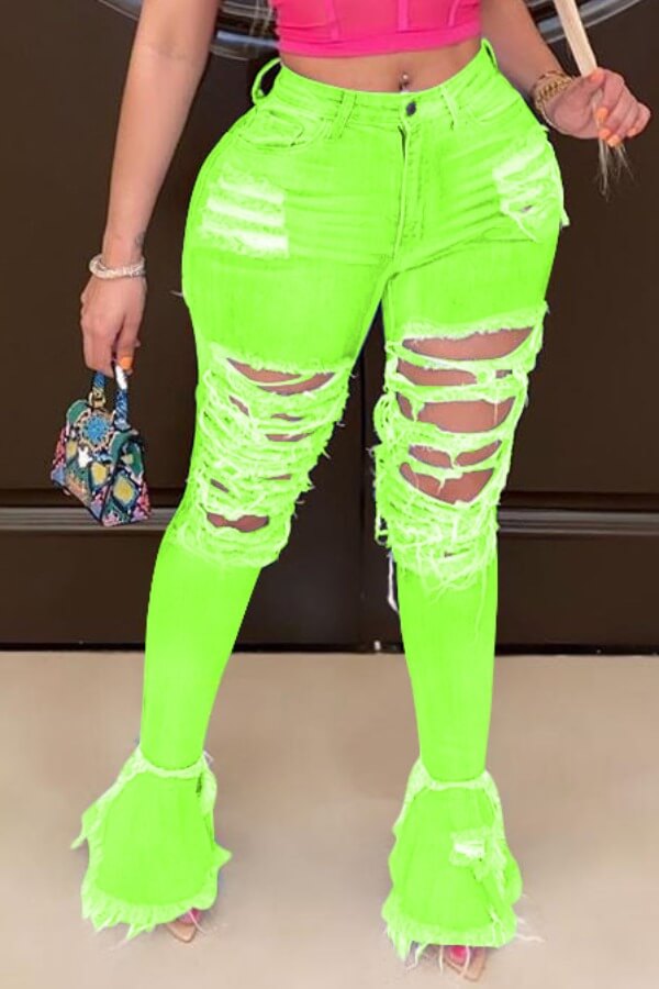 

Lovely Trendy Hollow-out Green Jeans