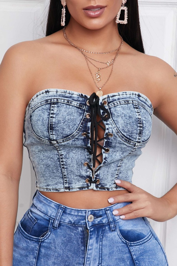 

lovely Sexy Bandage Design Blue Denim Camisole
