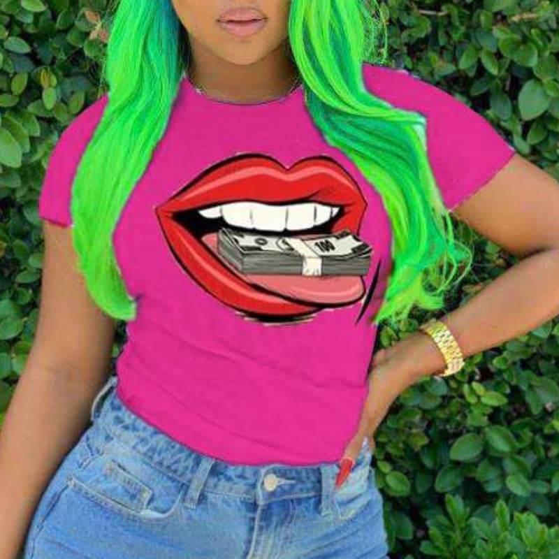 

lovely Casual O Neck Lip Print Rose Red T-shirt