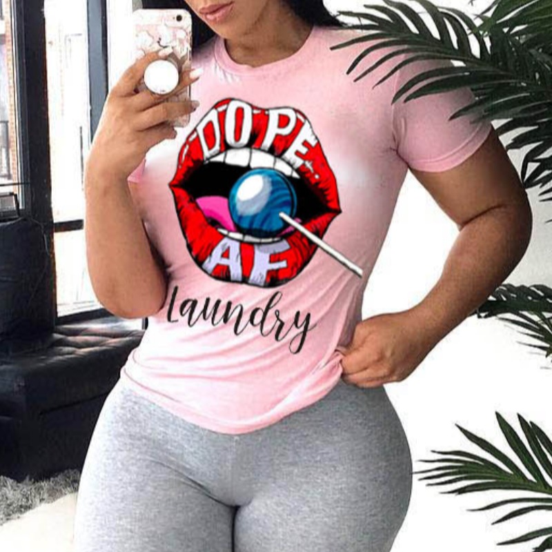 

lovely Leisure Lip Print Pink T-shirt