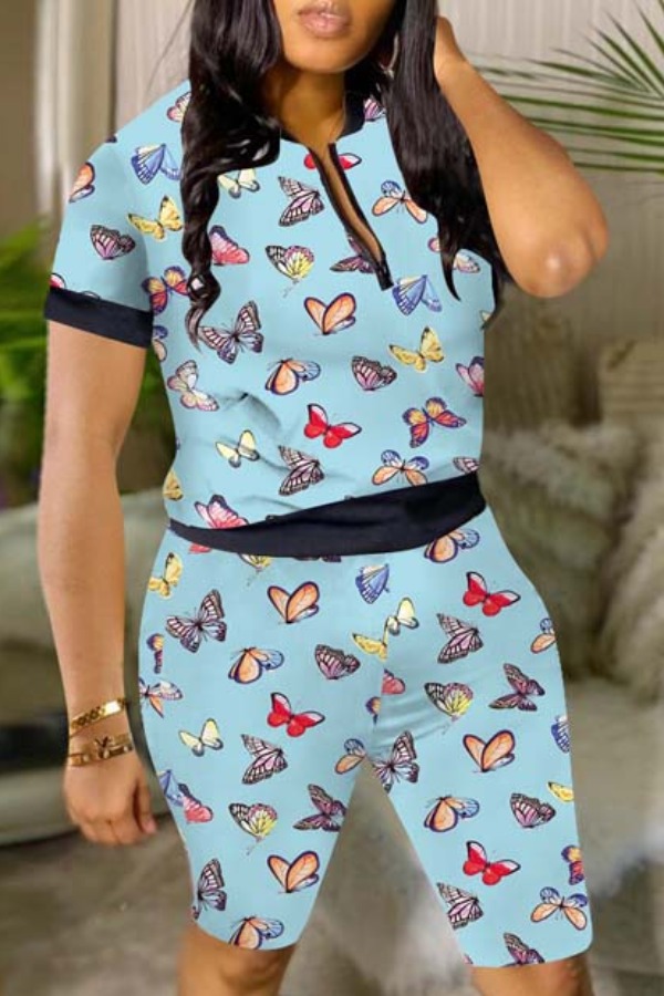 

lovely Casual Butterfly Print Blue Two-piece Shorts Set