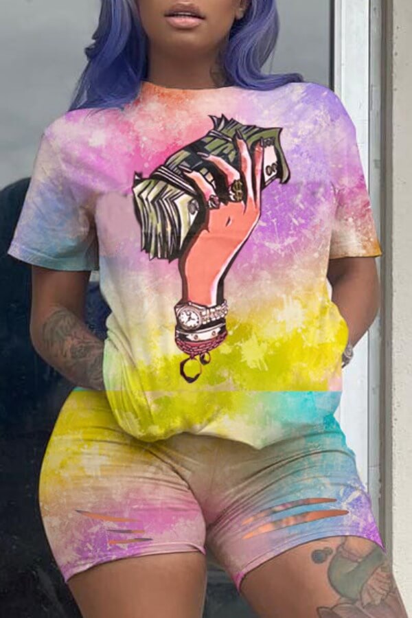 

lovely Casual O Neck Print Yellow Two-piece Shorts Set