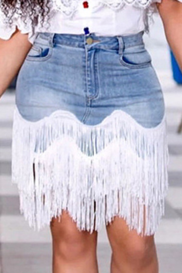 

lovely Casual Tassel Design Baby Blue Denim Skirt
