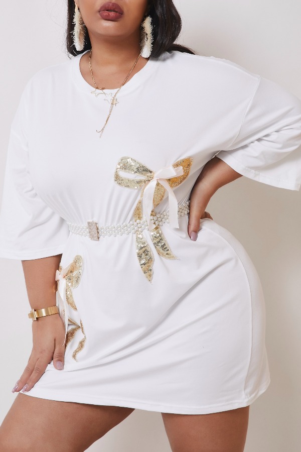 

Lovely Casual Basic White Mini Plus Size Dress