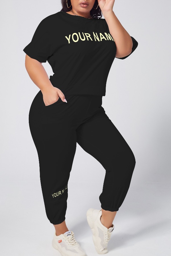 

lovely Leisure Letter Black Plus Size Two-piece Pants Set