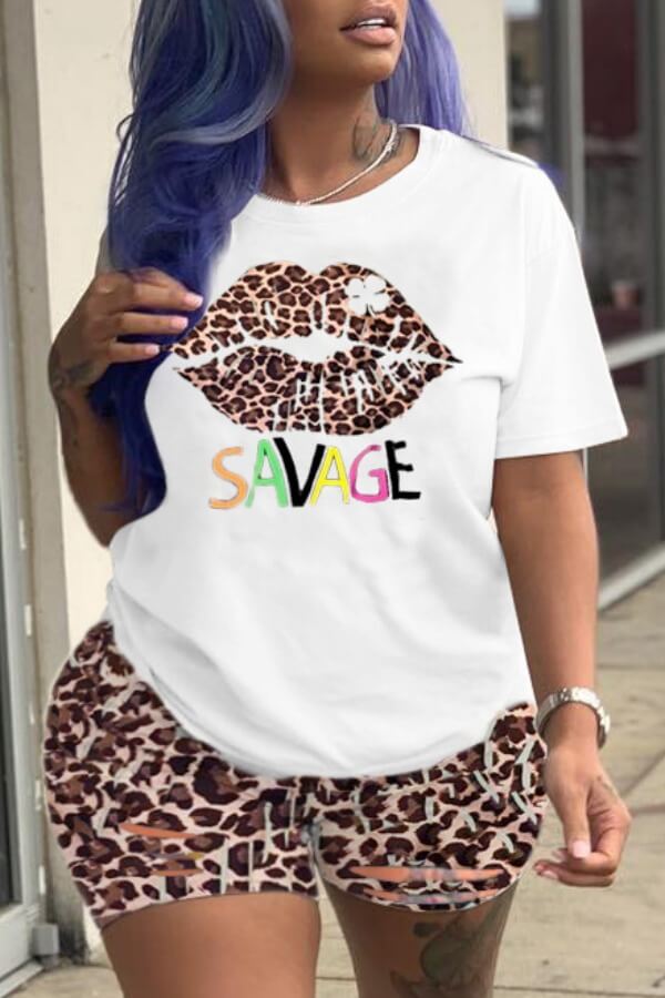 Lovely Leisure Leopard Print Plus Size Two-piece Shorts Set
