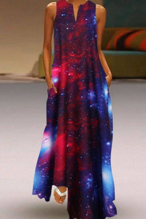 

lovely Casual Starry Sky Print Red Ankle Length Plus Size Dress